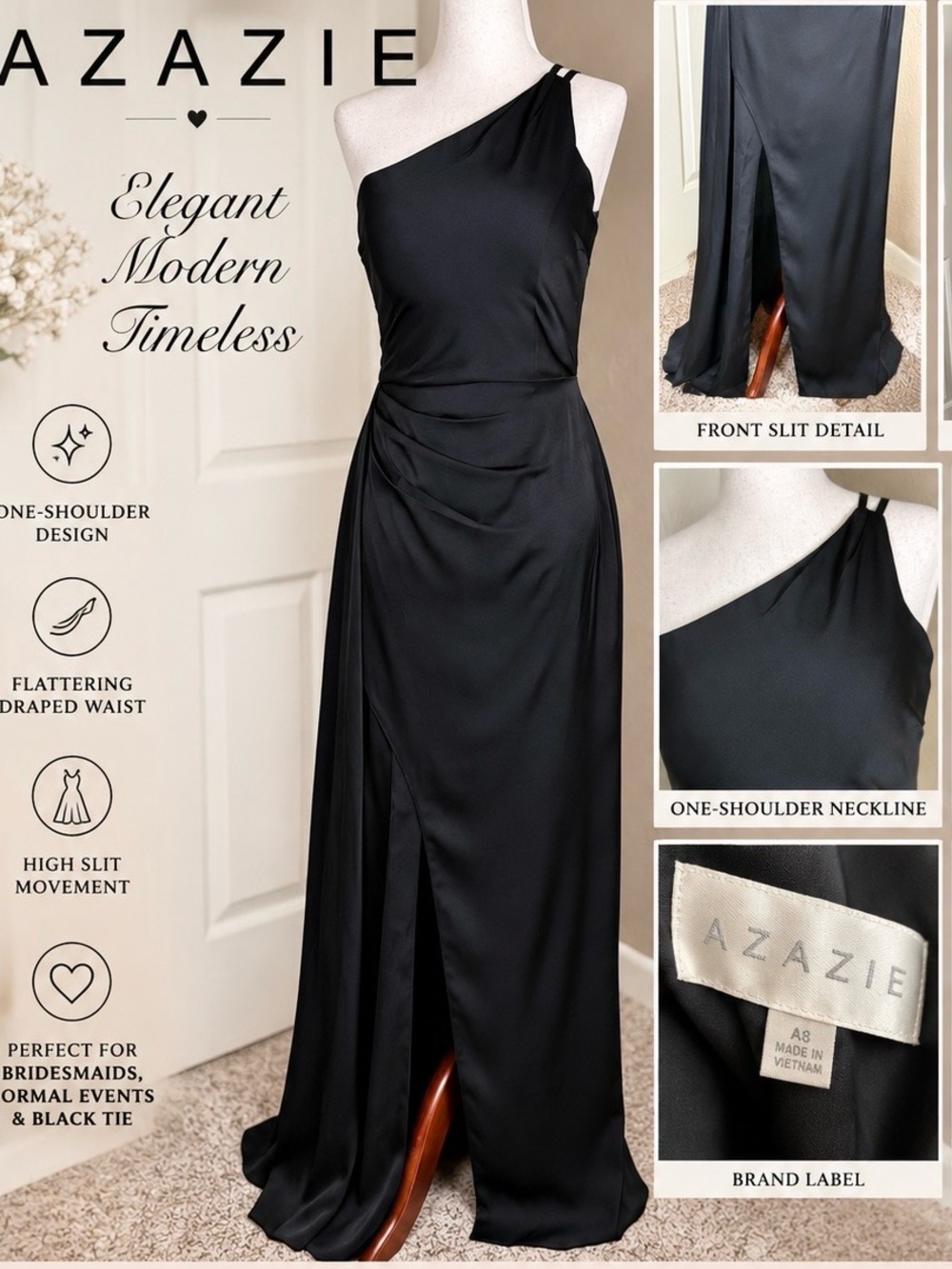 Azazie Black One-Shoulder Evening Gown